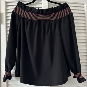 Crown & Ivy Off The Shoulder Blouse Top 
Black w/ Pink & Orange Smocking Medium